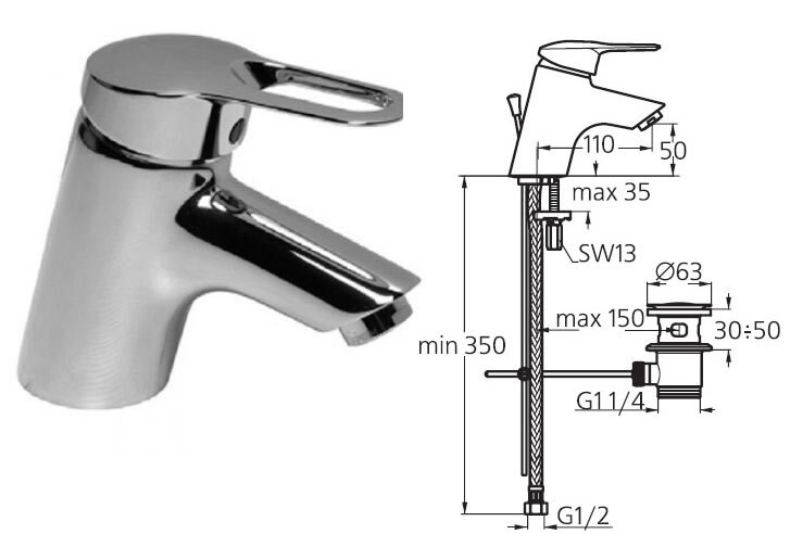 Сан Ремо смеситель для умывальника,гибкая подводка 1/2,донный клапан, хром Ideal Standard B7510AA Сан Ремо смеситель для умывальника,гибкая подводка 1/2,донный клапан, хром Ideal Standard B7510AA